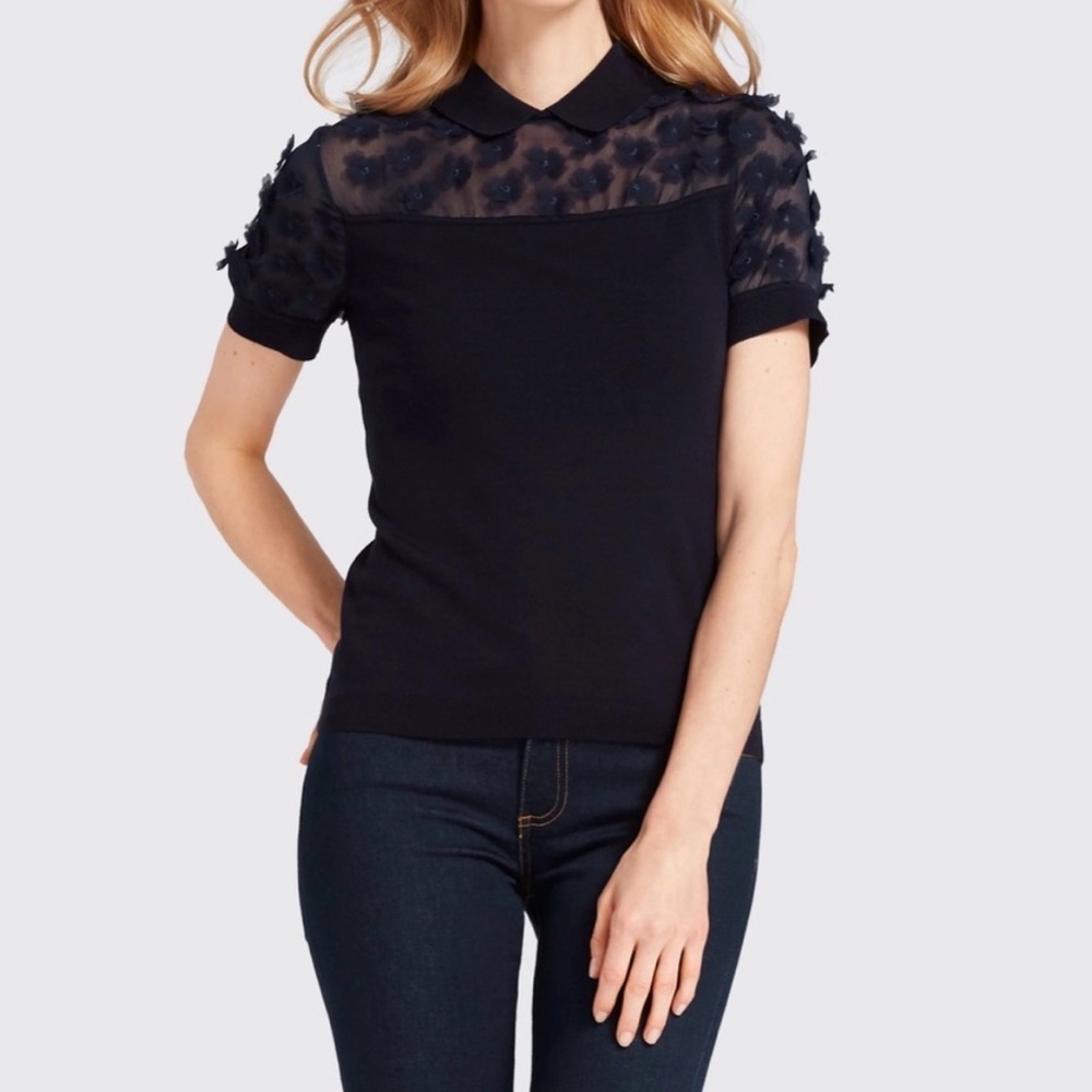 Draper James Fleurette Sleeve Collared Sweater Blouse  – Navy – Size XL‎
